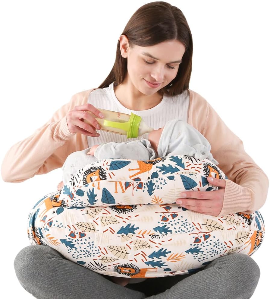 Labtec Nursing Pillow for Breastfeeding Baby, Multifunctional Breast Feeding Pillow with Adjustable Waist Strap and Safety Fence, 100% Cotton Removable Pillowcase, Leaf Pattern