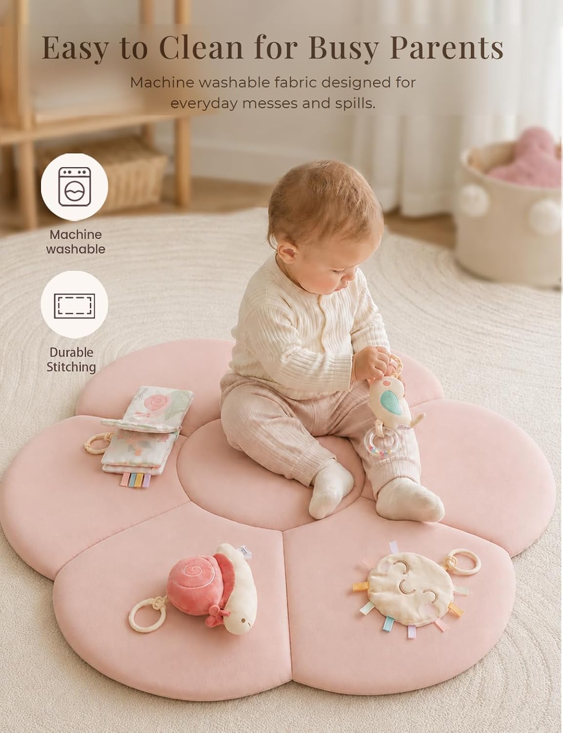 KONSSY Flower Baby Play Gym Mat,Flower Infant Activity Gym with Soft Arches | 6 Detachable Sensory Toys, Cotton Surface, Anti-Slip Bottom, Newborn Tummy Time Gift