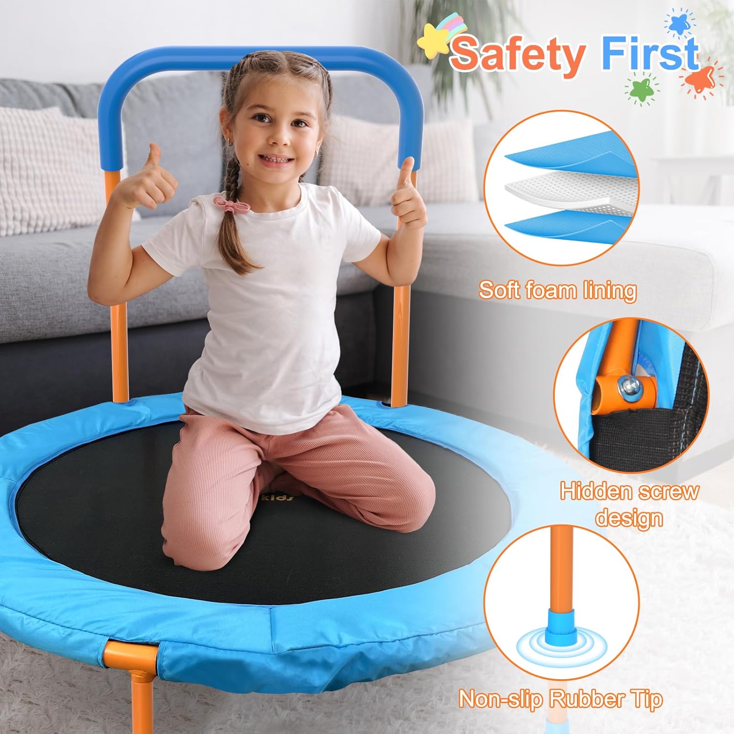 ATIVAFIT 36''Foldable Rebounder Band Big Handle Trampoline for Toddlers Kids With Super Safety Pad Foam Handle Oxford Padded Noise-Free Kids Cover Fun for Kids Indoor/Outdoor for 3-6 years old