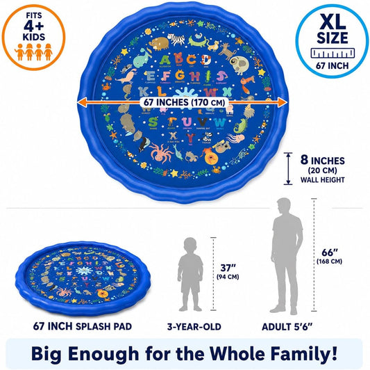 KiddoSpace Splash Pad for Kids – Non-Slip Outdoor Water Play Mat with Learning Designs