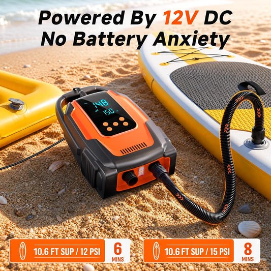 Paddle Board Electric Pump, 50 PSI High Pressure SUP Pump with Auto-Off, 12V DC Paddleboard Pump with Inflation & Deflation, 8 Nozzles Air Pump for Paddle Board, Inflatables, Kayaks, Car Tires