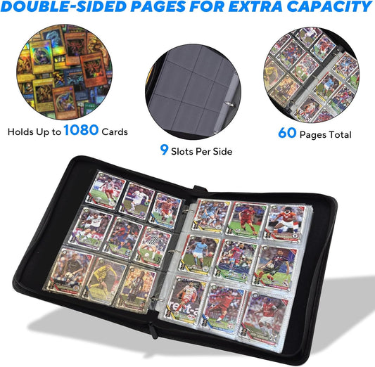 Portable 9-Pocket Trading Card Binder, Holds 1080 Cards with 60 Removable Double-Sided Sleeves, Baseball Card Binder Card Storage Organizer Album for Boys, Girls, Sports & Game Cards