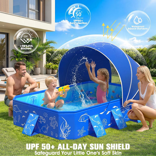2026 Foldable Kiddie Pool with Canopy,Baby Swimming Pool for Toddler,Non-Inflatable Toddler Pool,Foldable Kiddie Pool with Shade,Kid Pool for Backyard,Pop up Kiddie Beach Pool 53''*40''*33''