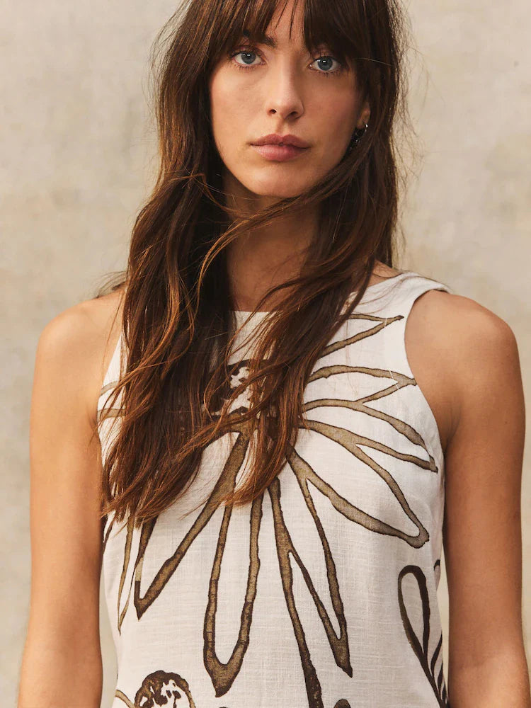 Cream Mono Placement Floral Scoop Back Mini Shift Dress With Linen
