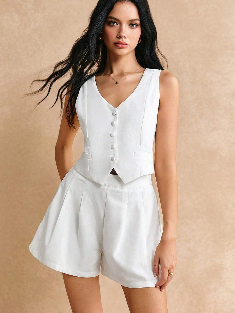 Button-front Vest And Shorts Co-ord Set
