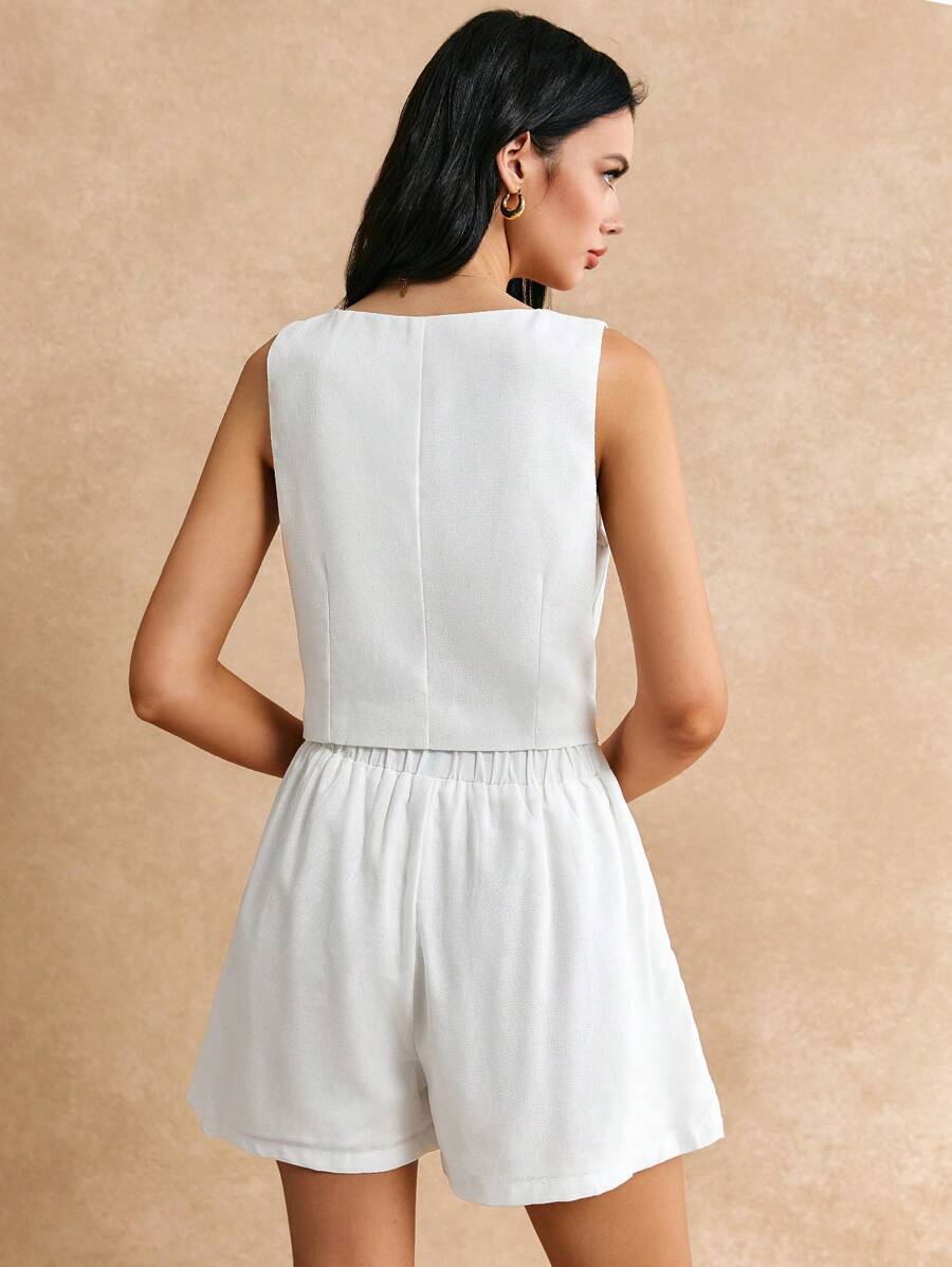 Button-front Vest And Shorts Co-ord Set
