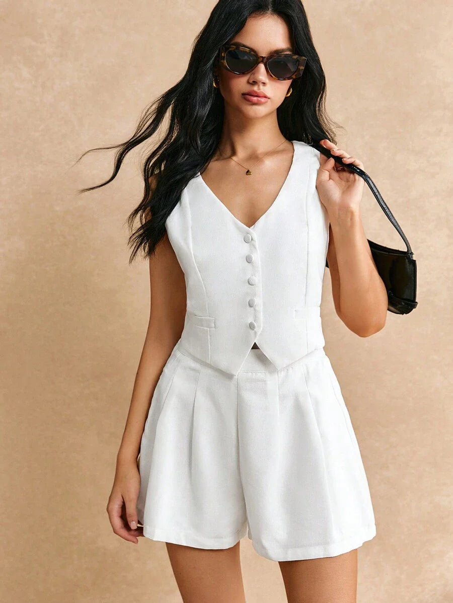 Button-front Vest And Shorts Co-ord Set