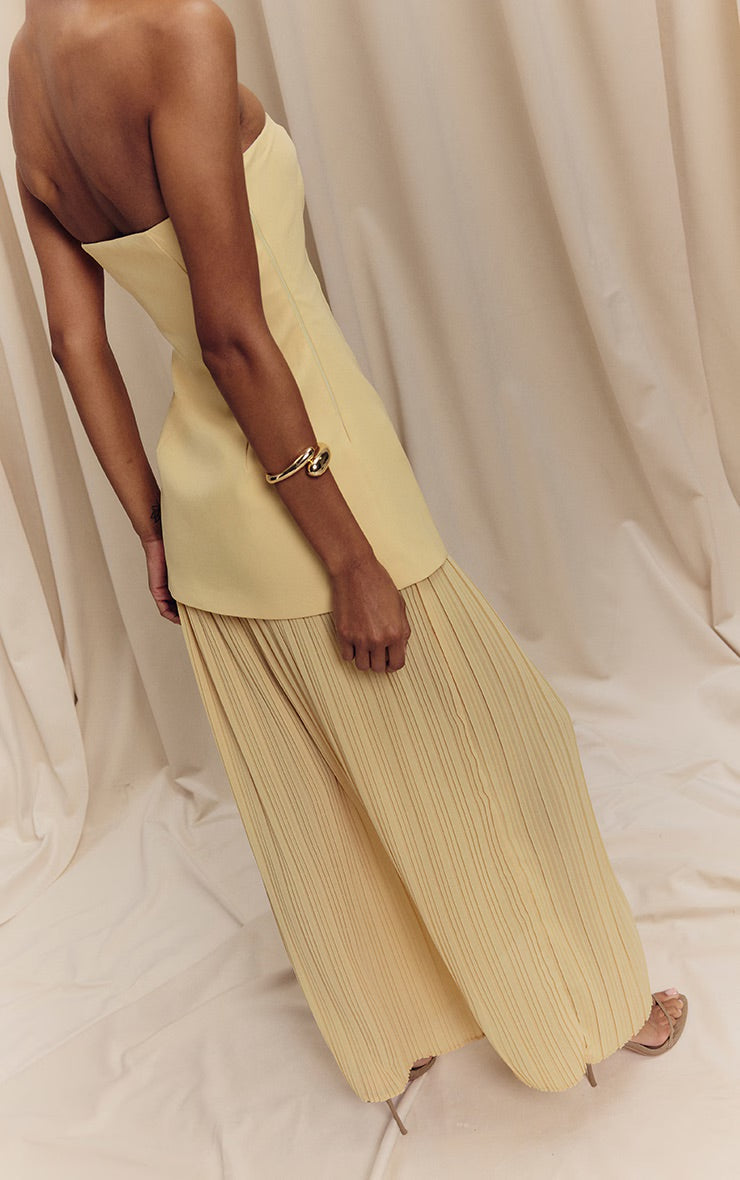 Lemon Bandeau Pleated Chiffon Skirt Panel Maxi Dress