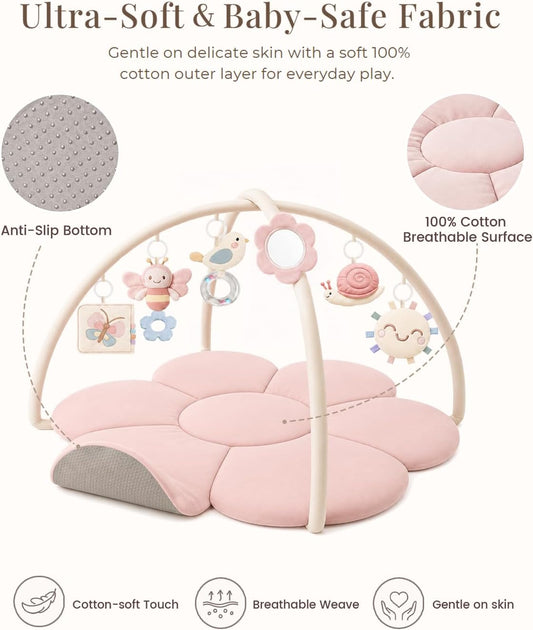 KONSSY Flower Baby Play Gym Mat，Flower Infant Activity Gym with Soft Arches | 6 Detachable Sensory Toys, Cotton Surface, Anti-Slip Bottom, Newborn Tummy Time Gift