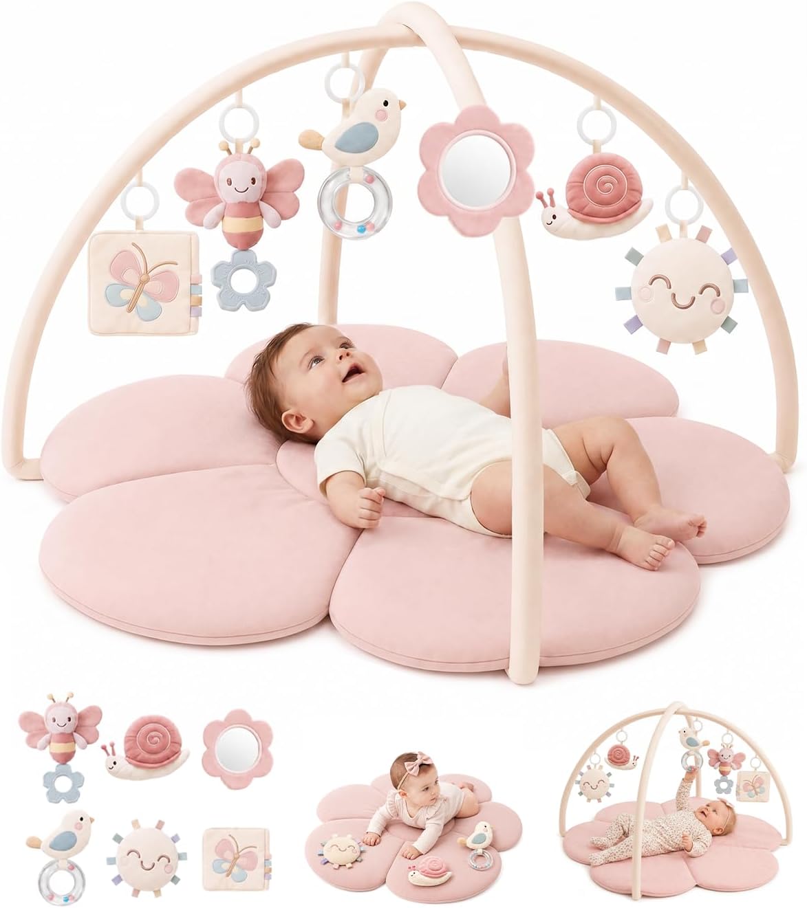 KONSSY Flower Baby Play Gym Mat，Flower Infant Activity Gym with Soft Arches | 6 Detachable Sensory Toys, Cotton Surface, Anti-Slip Bottom, Newborn Tummy Time Gift