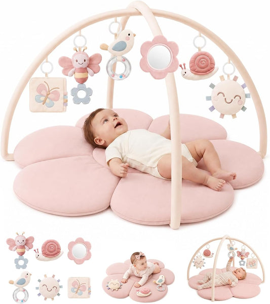 KONSSY Flower Baby Play Gym Mat，Flower Infant Activity Gym with Soft Arches | 6 Detachable Sensory Toys, Cotton Surface, Anti-Slip Bottom, Newborn Tummy Time Gift