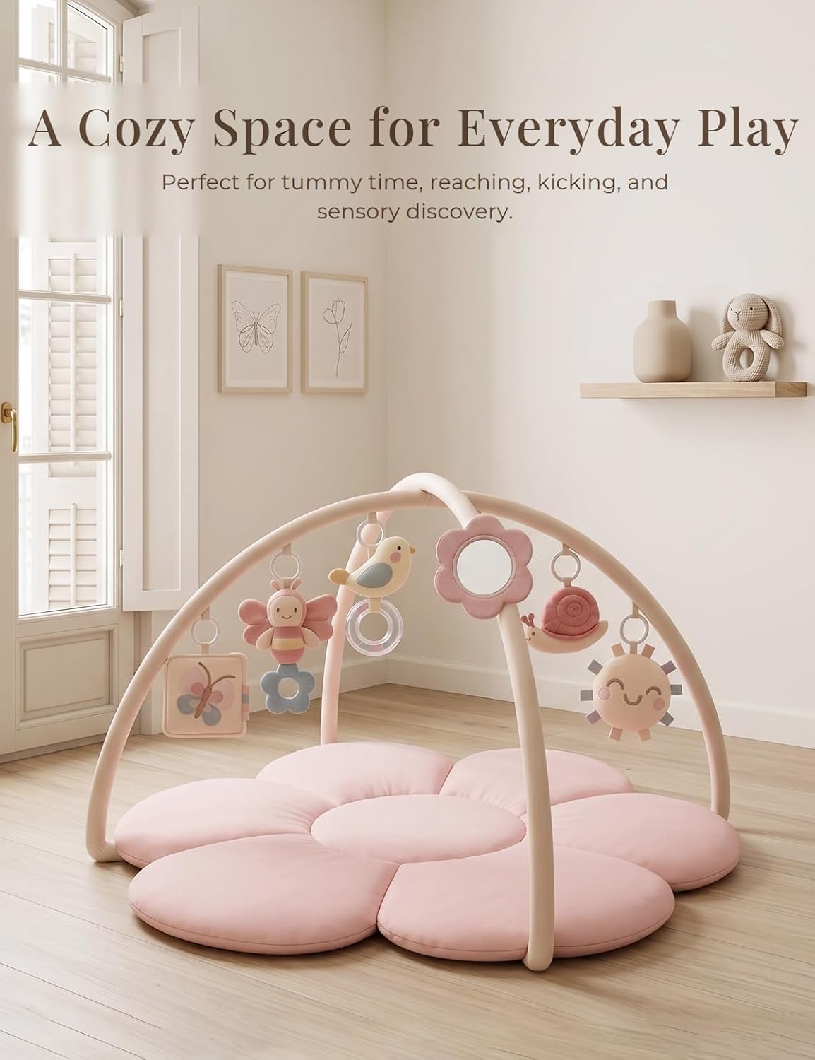 KONSSY Flower Baby Play Gym Mat，Flower Infant Activity Gym with Soft Arches | 6 Detachable Sensory Toys, Cotton Surface, Anti-Slip Bottom, Newborn Tummy Time Gift