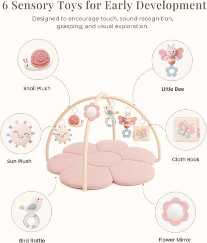 KONSSY Flower Baby Play Gym Mat，Flower Infant Activity Gym with Soft Arches | 6 Detachable Sensory Toys, Cotton Surface, Anti-Slip Bottom, Newborn Tummy Time Gift