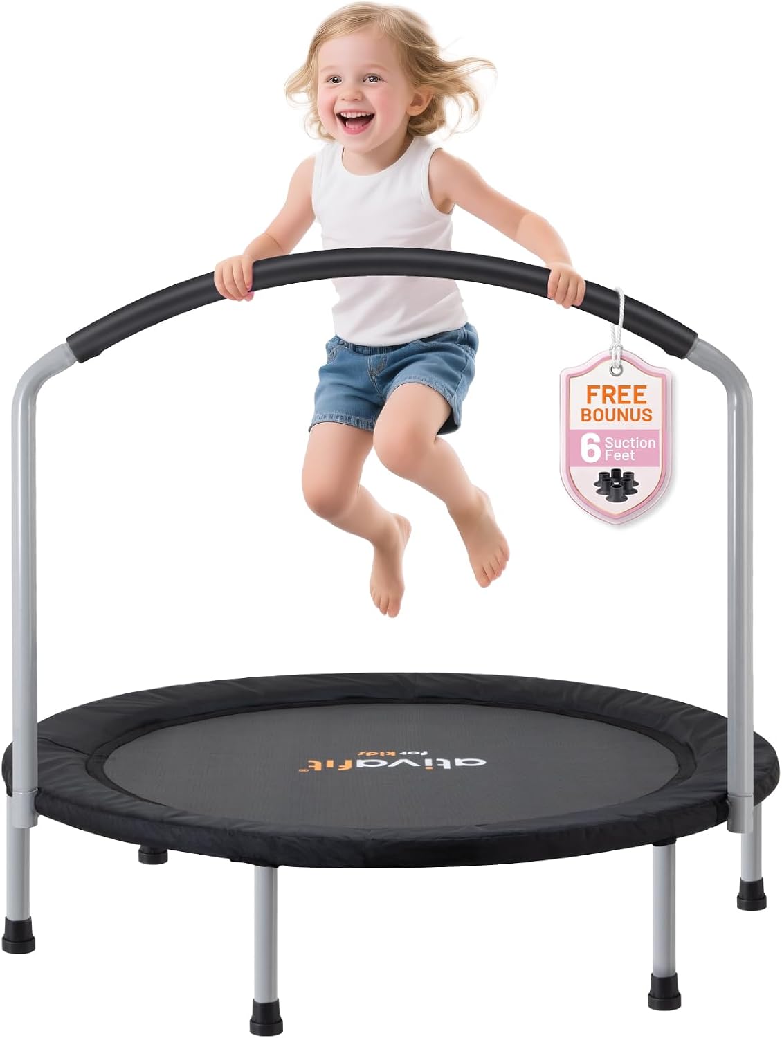 ATIVAFIT 36''Foldable Rebounder Band Big Handle Trampoline for Toddlers Kids With Super Safety Pad Foam Handle Oxford Padded Noise-Free Kids Cover Fun for Kids Indoor/Outdoor for 3-6 years old