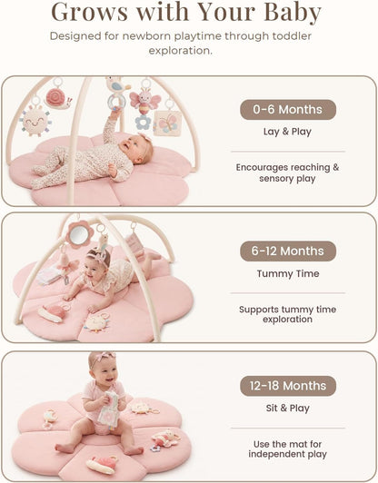 KONSSY Flower Baby Play Gym Mat，Flower Infant Activity Gym with Soft Arches | 6 Detachable Sensory Toys, Cotton Surface, Anti-Slip Bottom, Newborn Tummy Time Gift