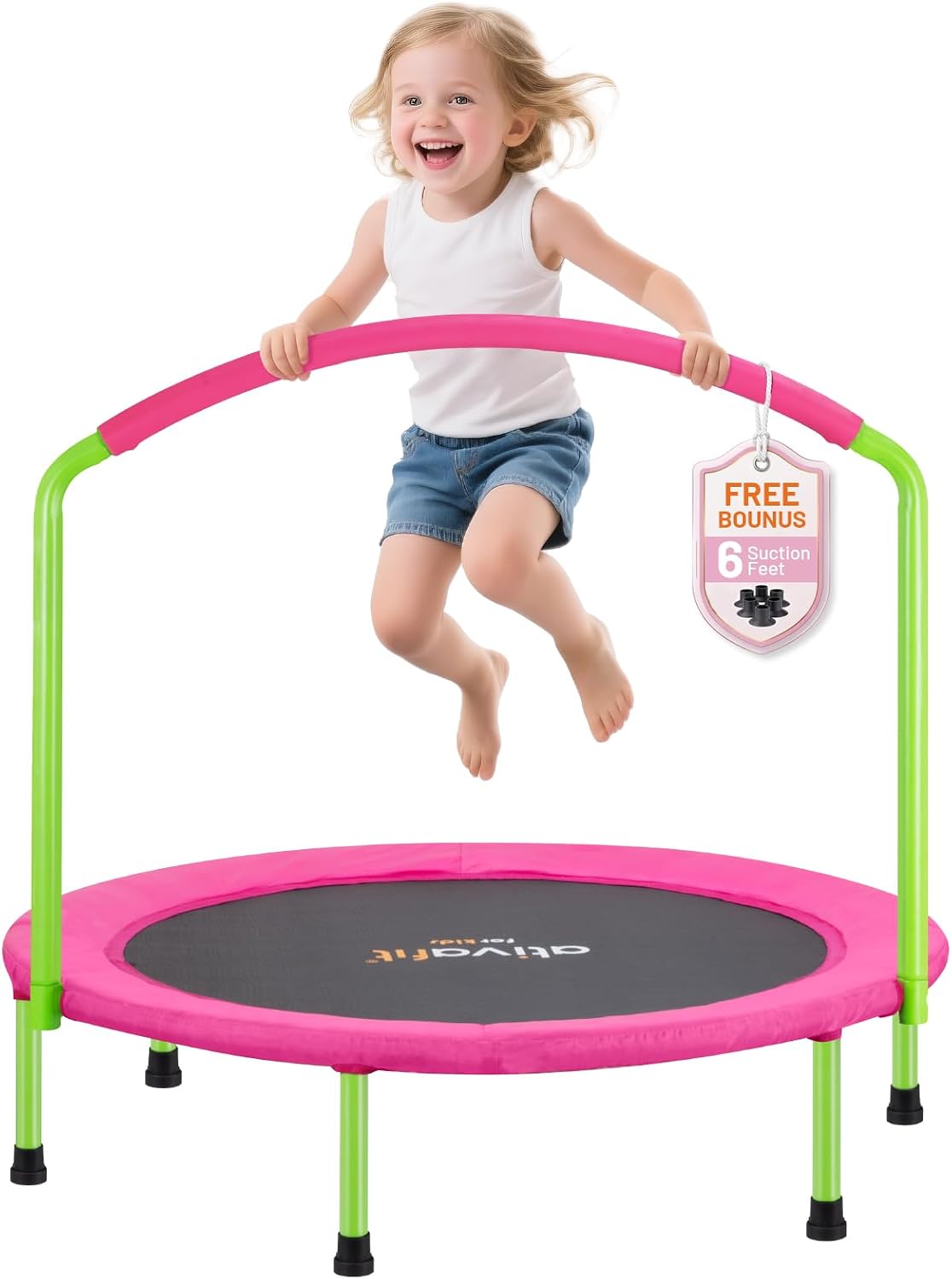 ATIVAFIT 36''Foldable Rebounder Band Big Handle Trampoline for Toddlers Kids With Super Safety Pad Foam Handle Oxford Padded Noise-Free Kids Cover Fun for Kids Indoor/Outdoor for 3-6 years old