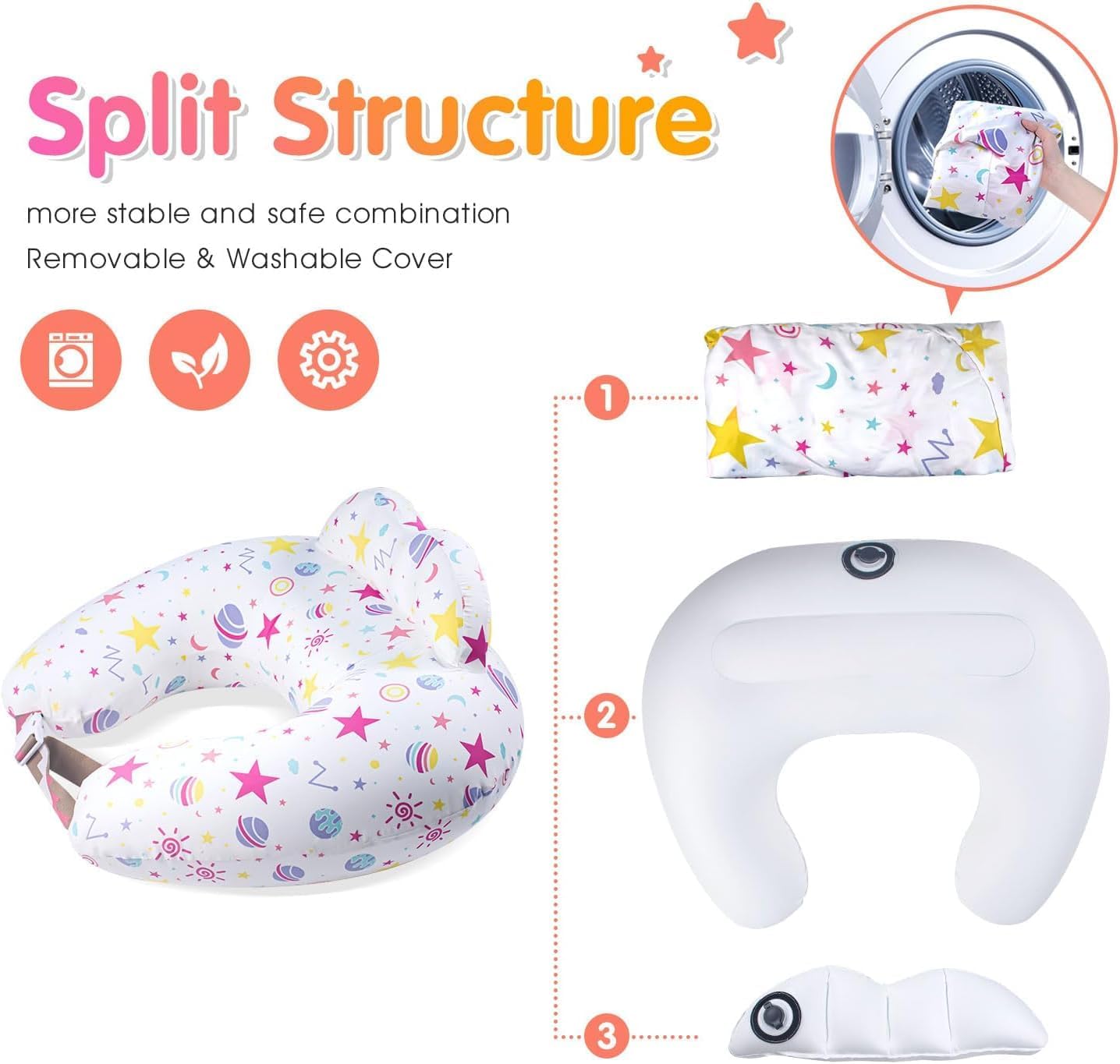 Inflatable Nursing Pillow for Breastfeeding & Bottle-Feeding – Portable Travel Feeding Cushion with Adjustable Waist Strap – Soft Cotton Cover – Odour-Free Thickened TPU Inner – Removable & Washable