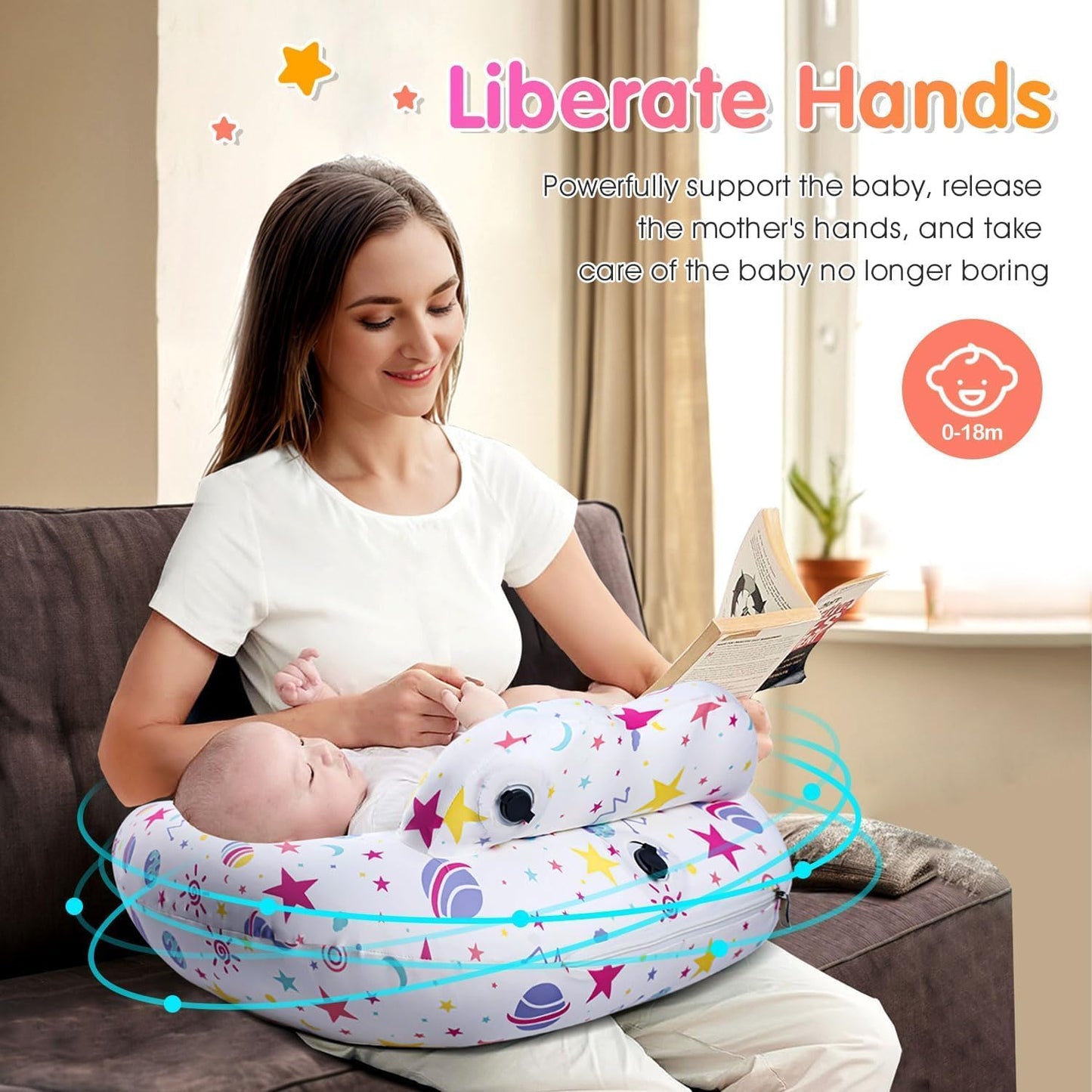 Inflatable Nursing Pillow for Breastfeeding & Bottle-Feeding – Portable Travel Feeding Cushion with Adjustable Waist Strap – Soft Cotton Cover – Odour-Free Thickened TPU Inner – Removable & Washable
