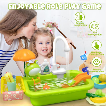 Play Sink with Running Water,Kids Sink Toy with Automatic Water Cycle System,Sink Fishing Game Toy with Food Kitchen Accessories,Kids Role Play Dress Up Dishwasher Toys for Boys and Girls Present