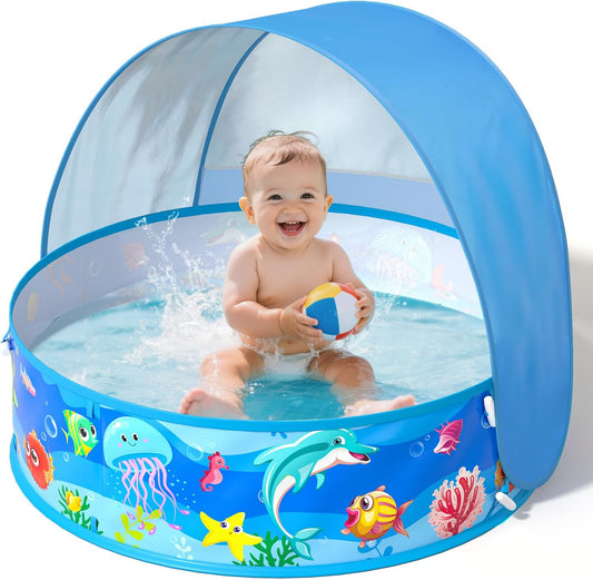Baby Pool with Canopy Foldable Kiddie Pool with Sun Shade Pools for Toddlers Baby Beach Essentials Pop Up Tent Swimming Wading Pools Portable Summer Water Play for Indoor Outdoor Beach Backyards