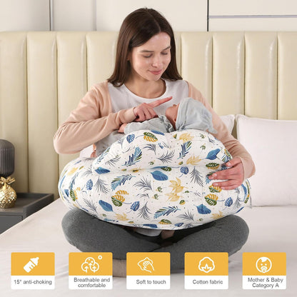 Labtec Nursing Pillow for Breastfeeding Baby, Multifunctional Breast Feeding Pillow with Adjustable Waist Strap and Safety Fence, 100% Cotton Removable Pillowcase, Leaf Pattern