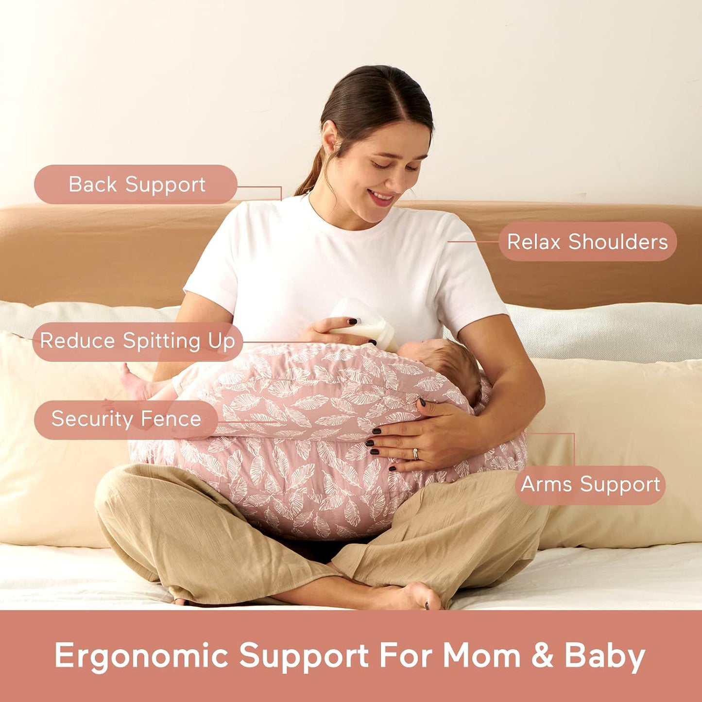 momcozy Nursing Pillow, Ergonomic Breastfeeding Support, Pink | Safety Guard For Baby, Comfortable Feeding Positions For Parents, Versatile Use For Bottle Feeding, Removable Cotton Cover