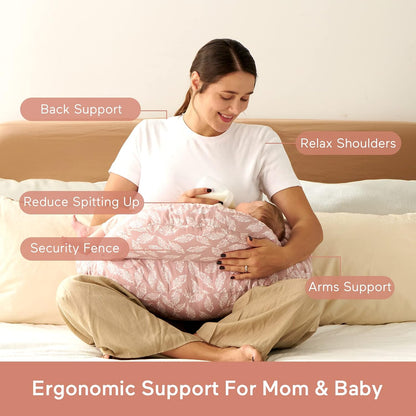 momcozy Nursing Pillow, Ergonomic Breastfeeding Support, Pink | Safety Guard For Baby, Comfortable Feeding Positions For Parents, Versatile Use For Bottle Feeding, Removable Cotton Cover