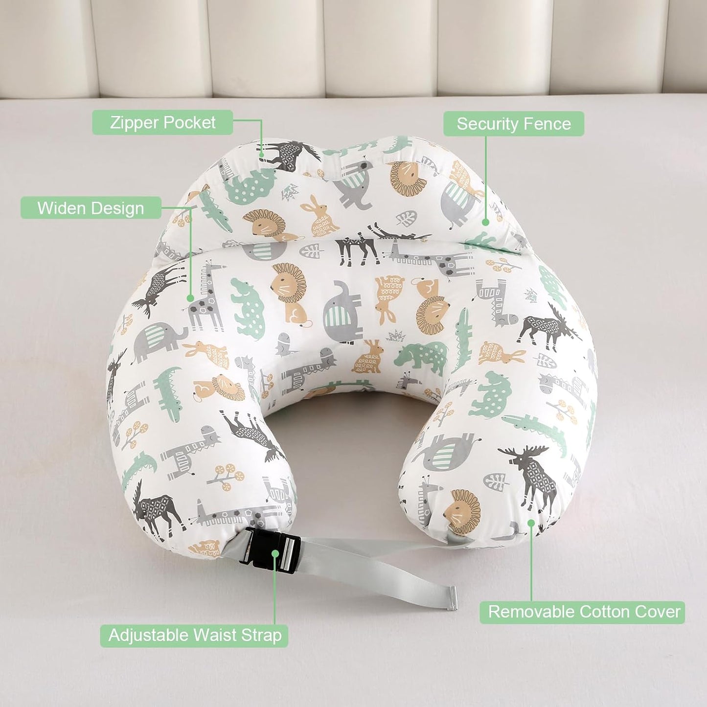 Labtec Nursing Pillow for Breastfeeding Baby, Multifunctional Breast Feeding Pillow with Adjustable Waist Strap and Safety Fence, 100% Cotton Removable Pillowcase, Animal Pattern