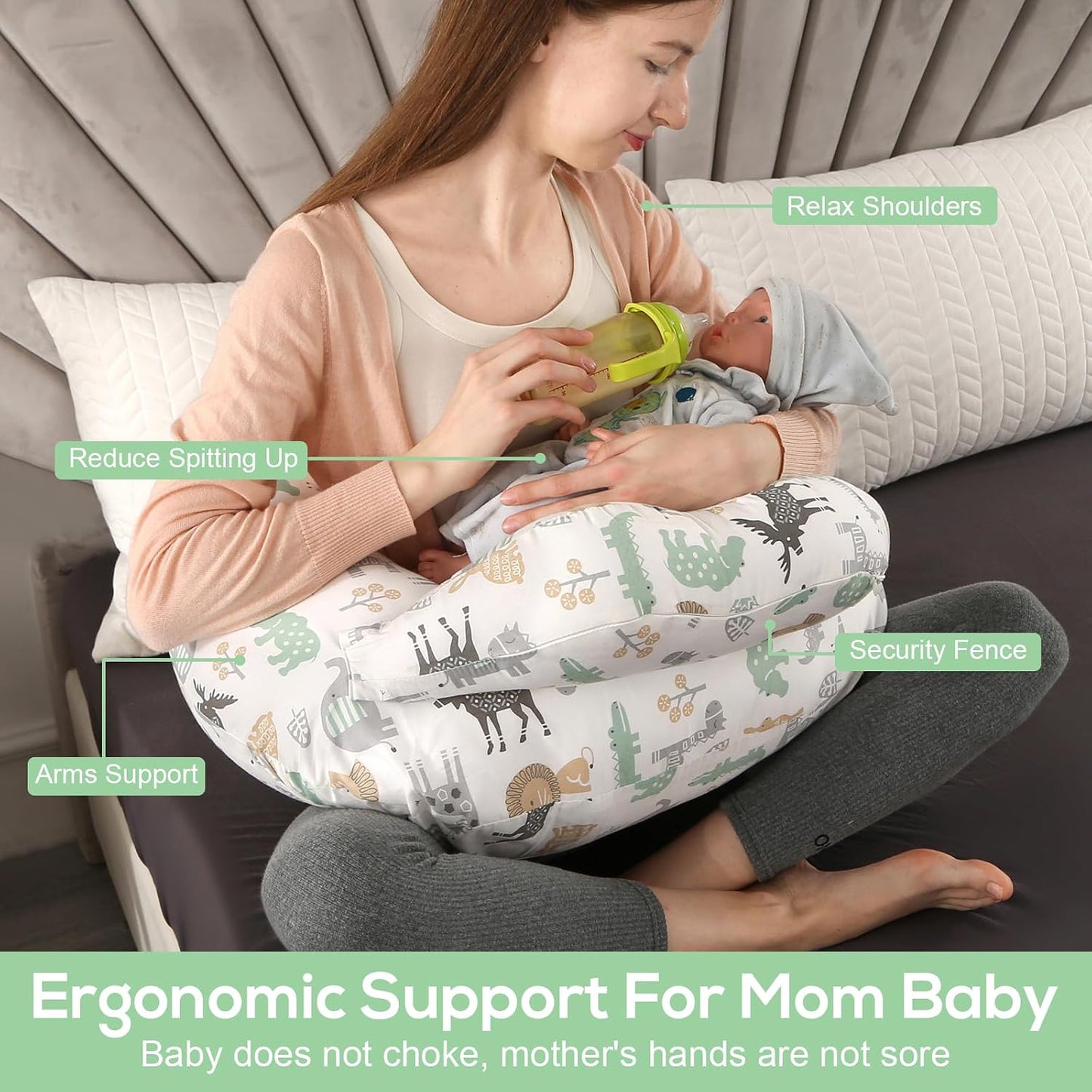 Labtec Nursing Pillow for Breastfeeding Baby, Multifunctional Breast Feeding Pillow with Adjustable Waist Strap and Safety Fence, 100% Cotton Removable Pillowcase, Animal Pattern
