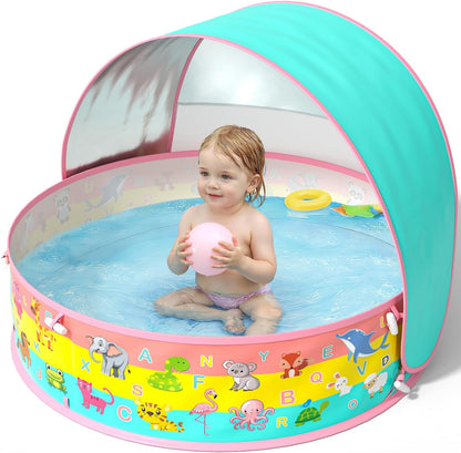 Baby Pool with Canopy Foldable Kiddie Pool with Sun Shade Pools for Toddlers Baby Beach Essentials Pop Up Tent Swimming Wading Pools Portable Summer Water Play for Indoor Outdoor Beach Backyards