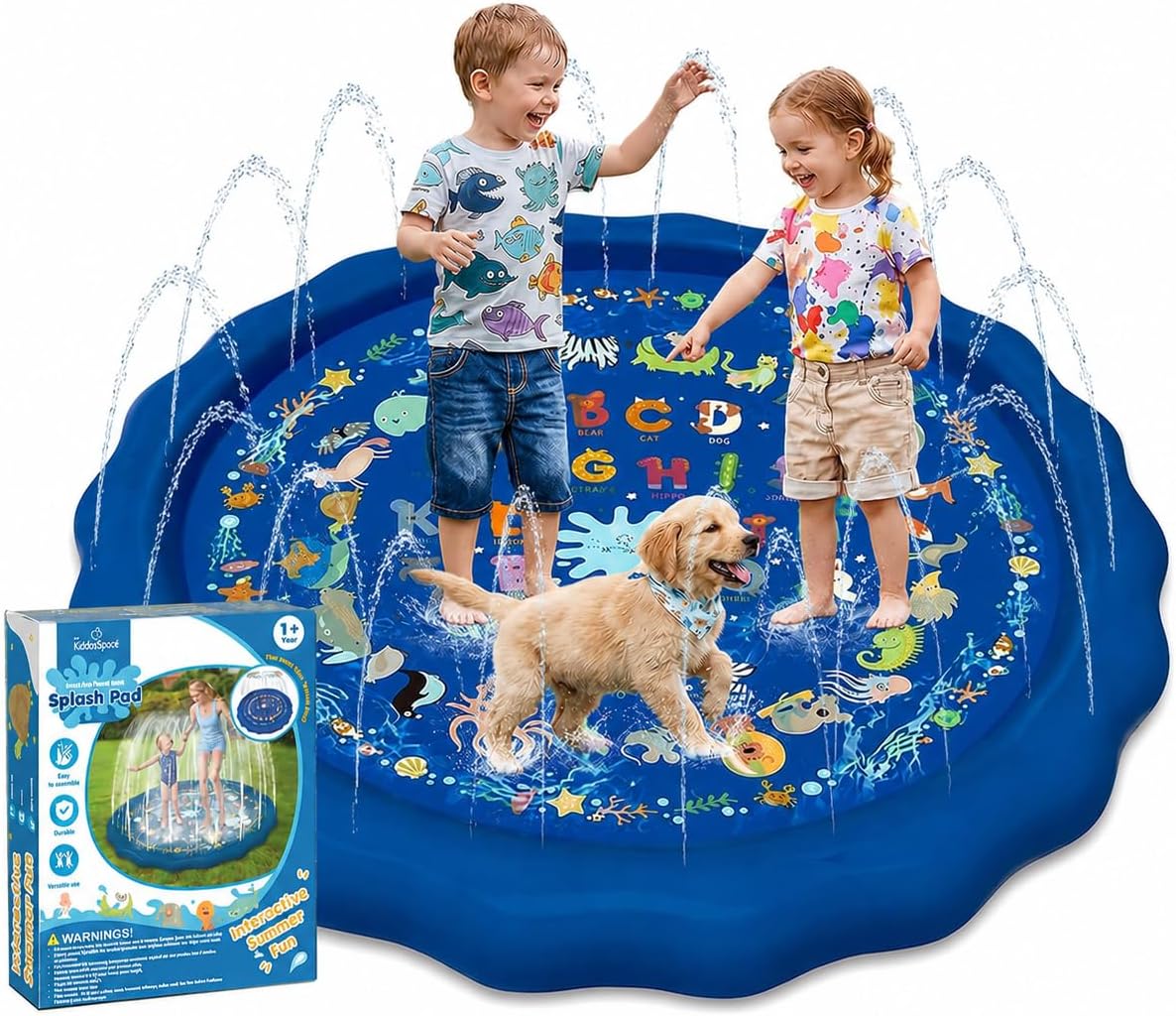 KiddoSpace Splash Pad for Kids – Non-Slip Outdoor Water Play Mat with Learning Designs