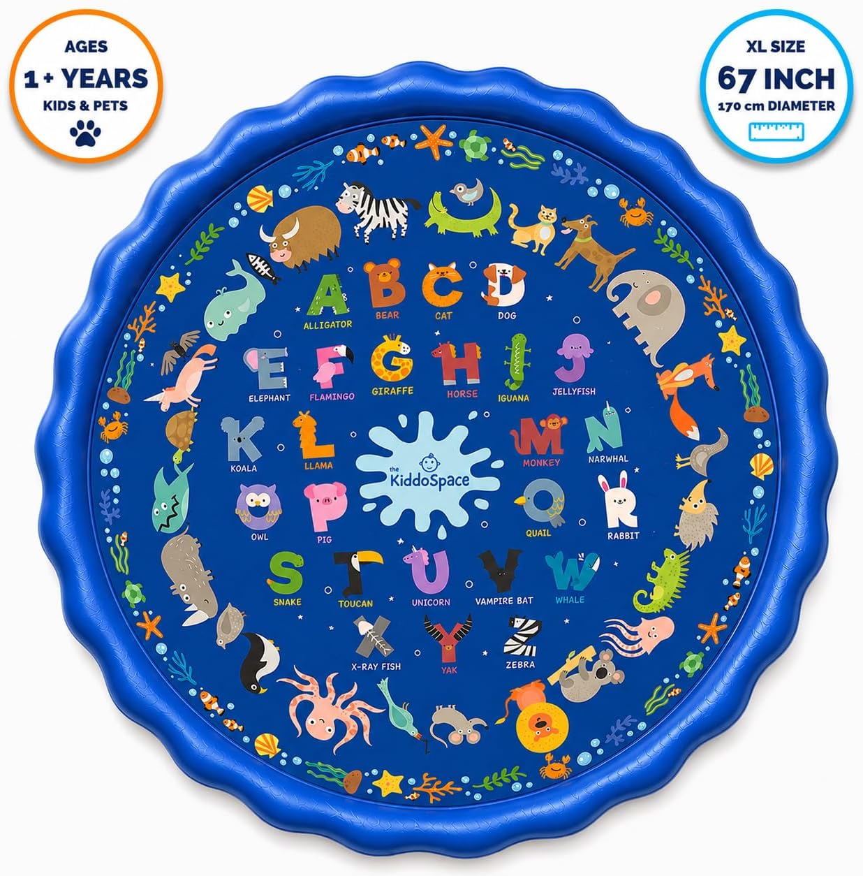 KiddoSpace Splash Pad for Kids – Non-Slip Outdoor Water Play Mat with Learning Designs, Fun Backyard Summer Activity for Toddlers and Children, Includes Repair Kit, BPA-Free