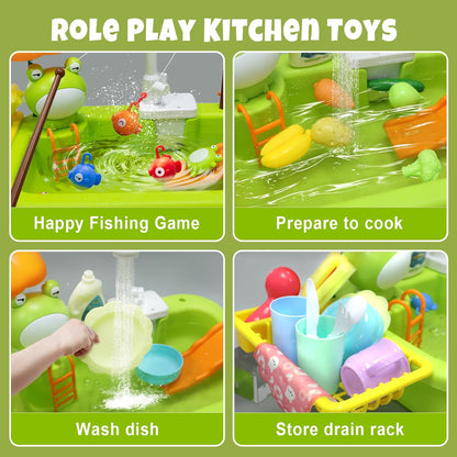 Play Sink with Running Water,Kids Sink Toy with Automatic Water Cycle System,Sink Fishing Game Toy with Food Kitchen Accessories,Kids Role Play Dress Up Dishwasher Toys for Boys and Girls Present