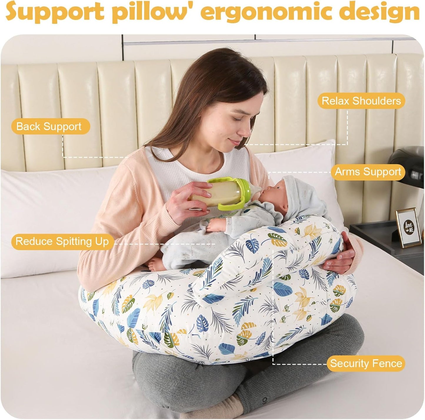 Labtec Nursing Pillow for Breastfeeding Baby, Multifunctional Breast Feeding Pillow with Adjustable Waist Strap and Safety Fence, 100% Cotton Removable Pillowcase, Leaf Pattern