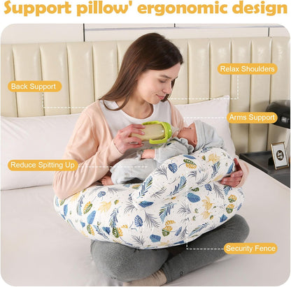 Labtec Nursing Pillow for Breastfeeding Baby, Multifunctional Breast Feeding Pillow with Adjustable Waist Strap and Safety Fence, 100% Cotton Removable Pillowcase, Leaf Pattern