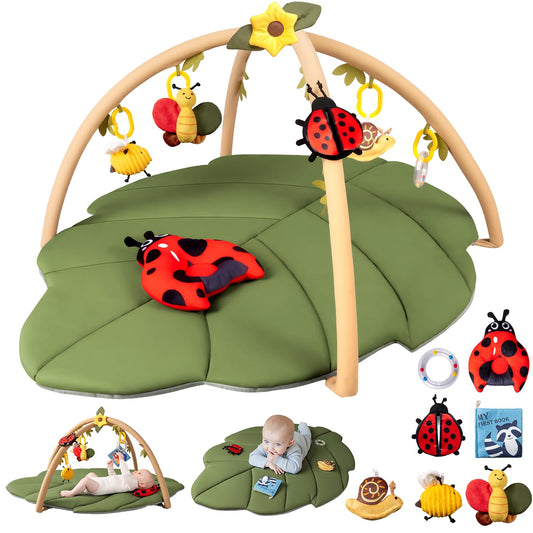 Leaf Tummy Time Baby Play Mat, Activity Gym w/7 Toys 0-18M Washable Oversize Infant Mat | Pure Cotton, Oversized & Comfy,Easy Assemble & Disassemble.Must-have for Newborn All-round Early Development