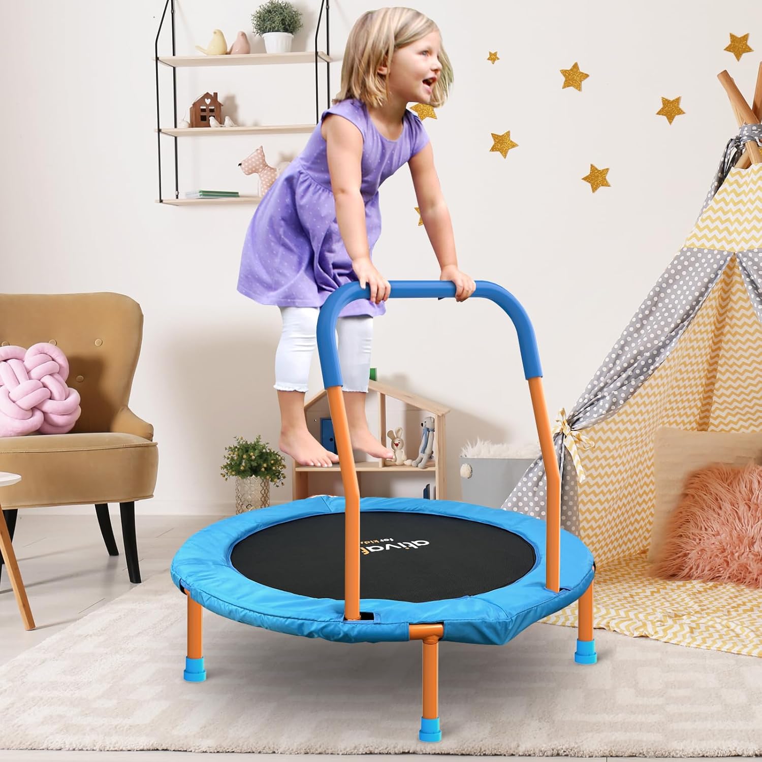 ATIVAFIT 36''Foldable Rebounder Band Big Handle Trampoline for Toddlers Kids With Super Safety Pad Foam Handle Oxford Padded Noise-Free Kids Cover Fun for Kids Indoor/Outdoor for 3-6 years old