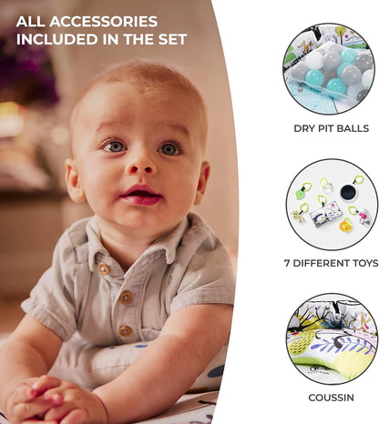 Kinderkraft Baby Playmat SMARTPLAY, Educational Mat, Activity Play Gym, with Ajustable Fitness Frame, Playpen Function, Accessories, Hanging Rattle, 5 Toys, 30 Balls, for Newborn, Suitable from Birth