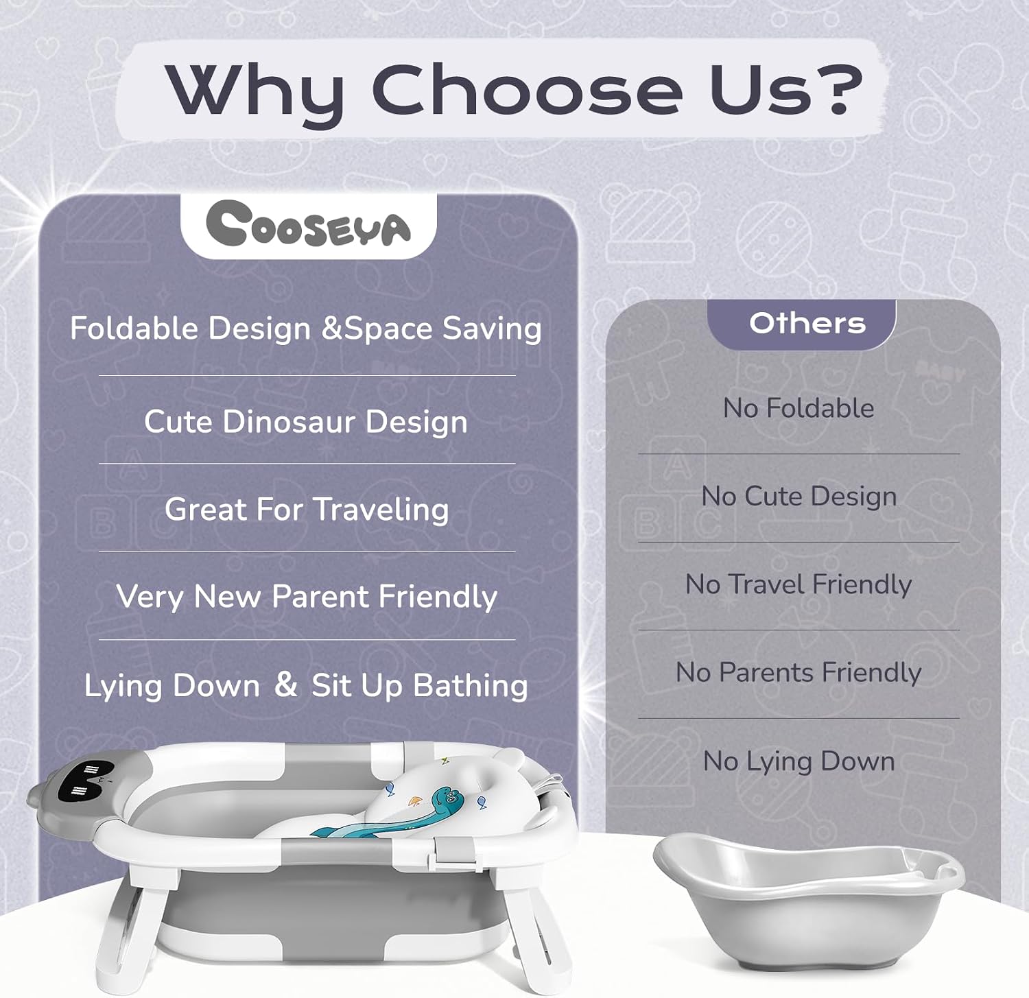 COOSEYA Foldable Baby Bath Tub Essentials for Newborn, Collapsible Baby Bathtub with Seat Support Cushion