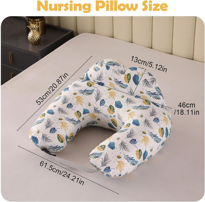 Labtec Nursing Pillow for Breastfeeding Baby, Multifunctional Breast Feeding Pillow with Adjustable Waist Strap and Safety Fence, 100% Cotton Removable Pillowcase, Leaf Pattern