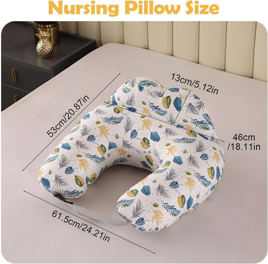 Labtec Nursing Pillow for Breastfeeding Baby, Multifunctional Breast Feeding Pillow with Adjustable Waist Strap and Safety Fence, 100% Cotton Removable Pillowcase, Leaf Pattern