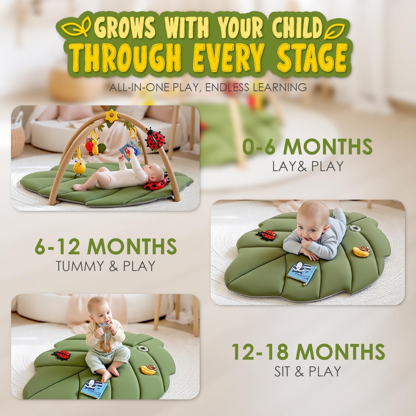 Leaf Tummy Time Baby Play Mat, Activity Gym w/7 Toys 0-18M Washable Oversize Infant Mat | Pure Cotton, Oversized & Comfy,Easy Assemble & Disassemble.Must-have for Newborn All-round Early Development