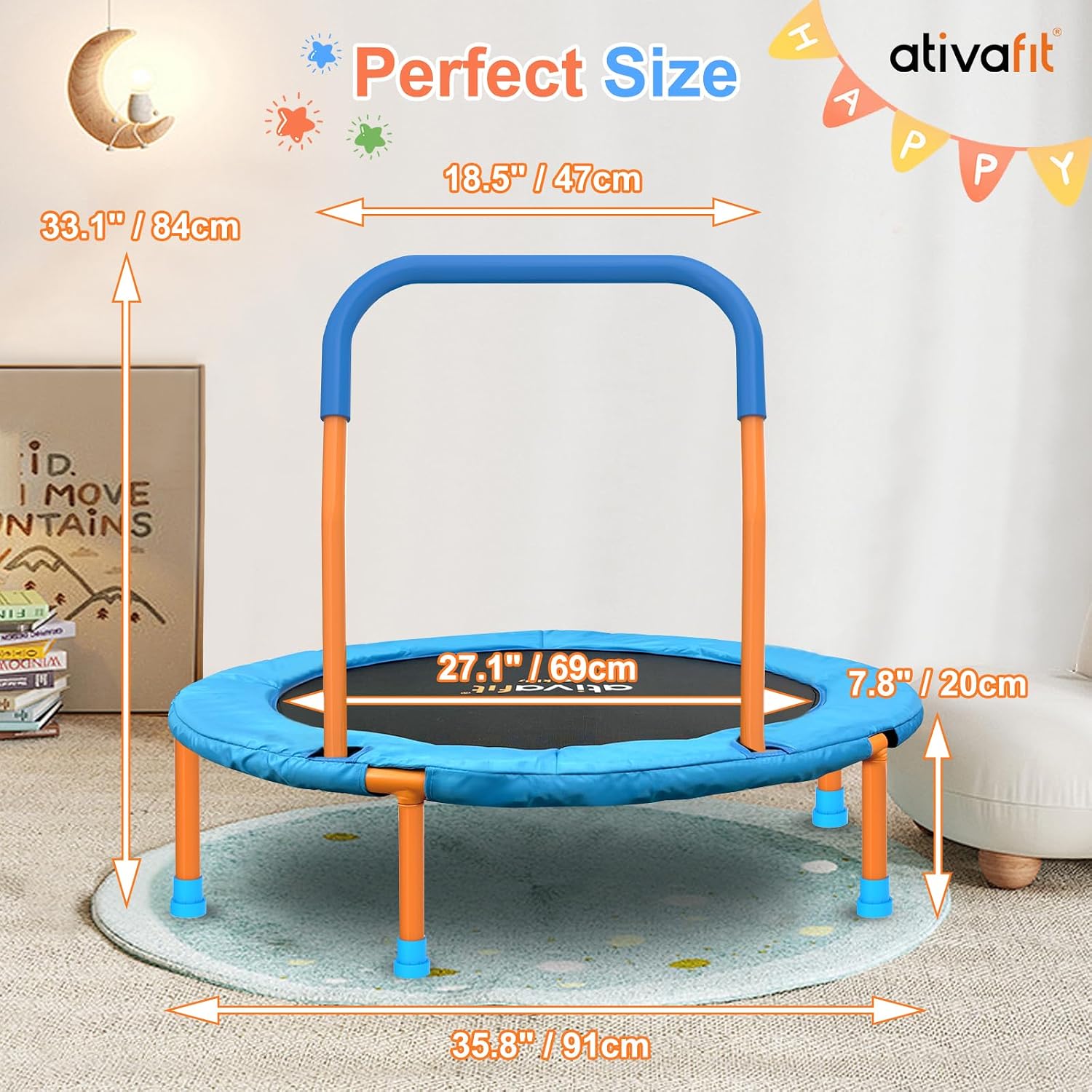 ATIVAFIT 36''Foldable Rebounder Band Big Handle Trampoline for Toddlers Kids With Super Safety Pad Foam Handle Oxford Padded Noise-Free Kids Cover Fun for Kids Indoor/Outdoor for 3-6 years old