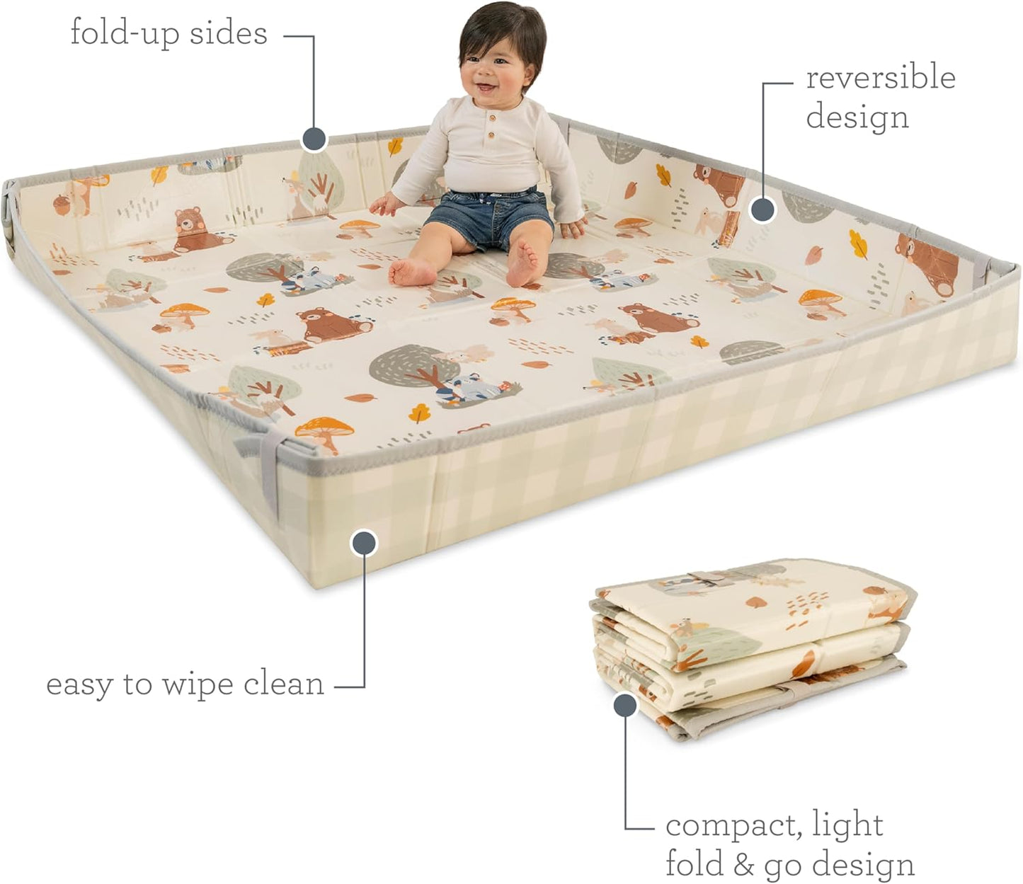 Infantino Foldable Soft Foam Mat, Baby Play Mat, Extra Large, Double-Sided Cushioned Portable, Fold-Up Sides, Non Slip Crawling for Infants & Toddlers, Woodland