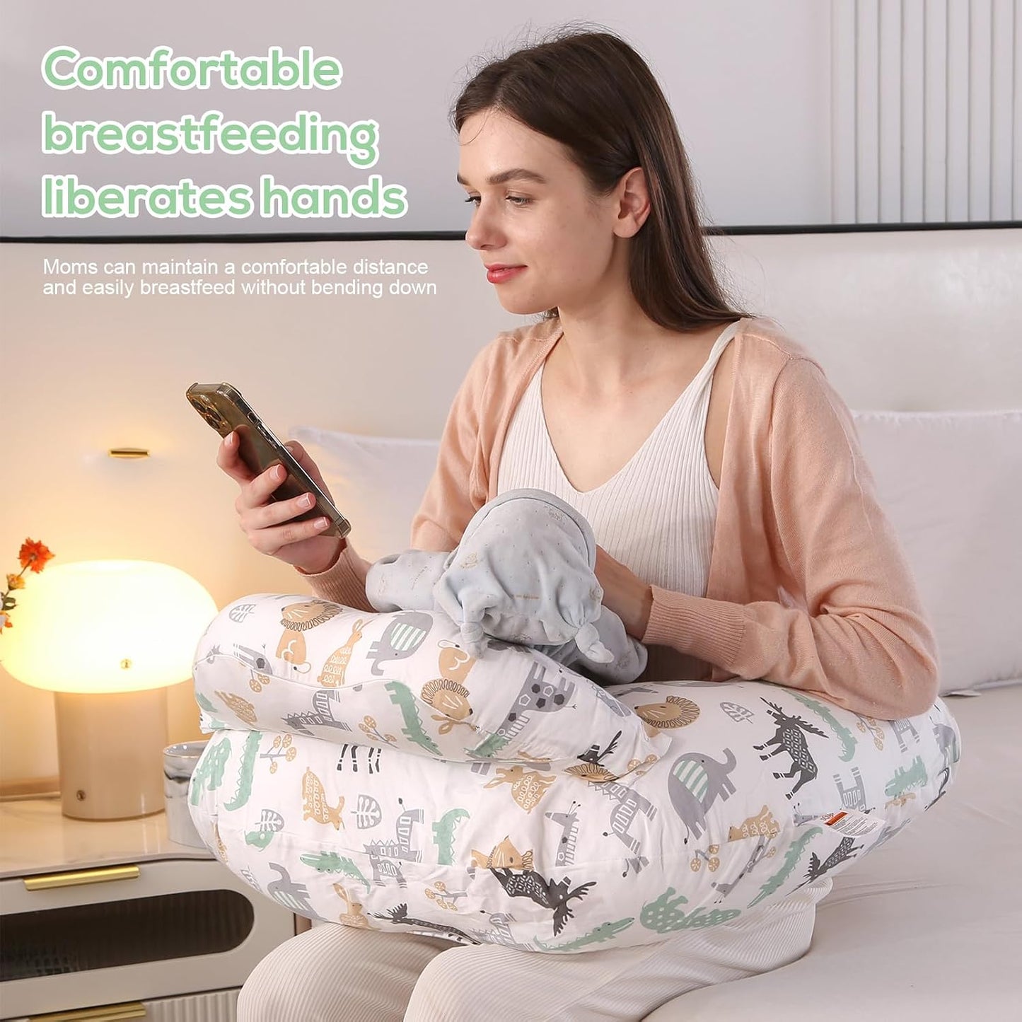 Labtec Nursing Pillow for Breastfeeding Baby, Multifunctional Breast Feeding Pillow with Adjustable Waist Strap and Safety Fence, 100% Cotton Removable Pillowcase, Animal Pattern