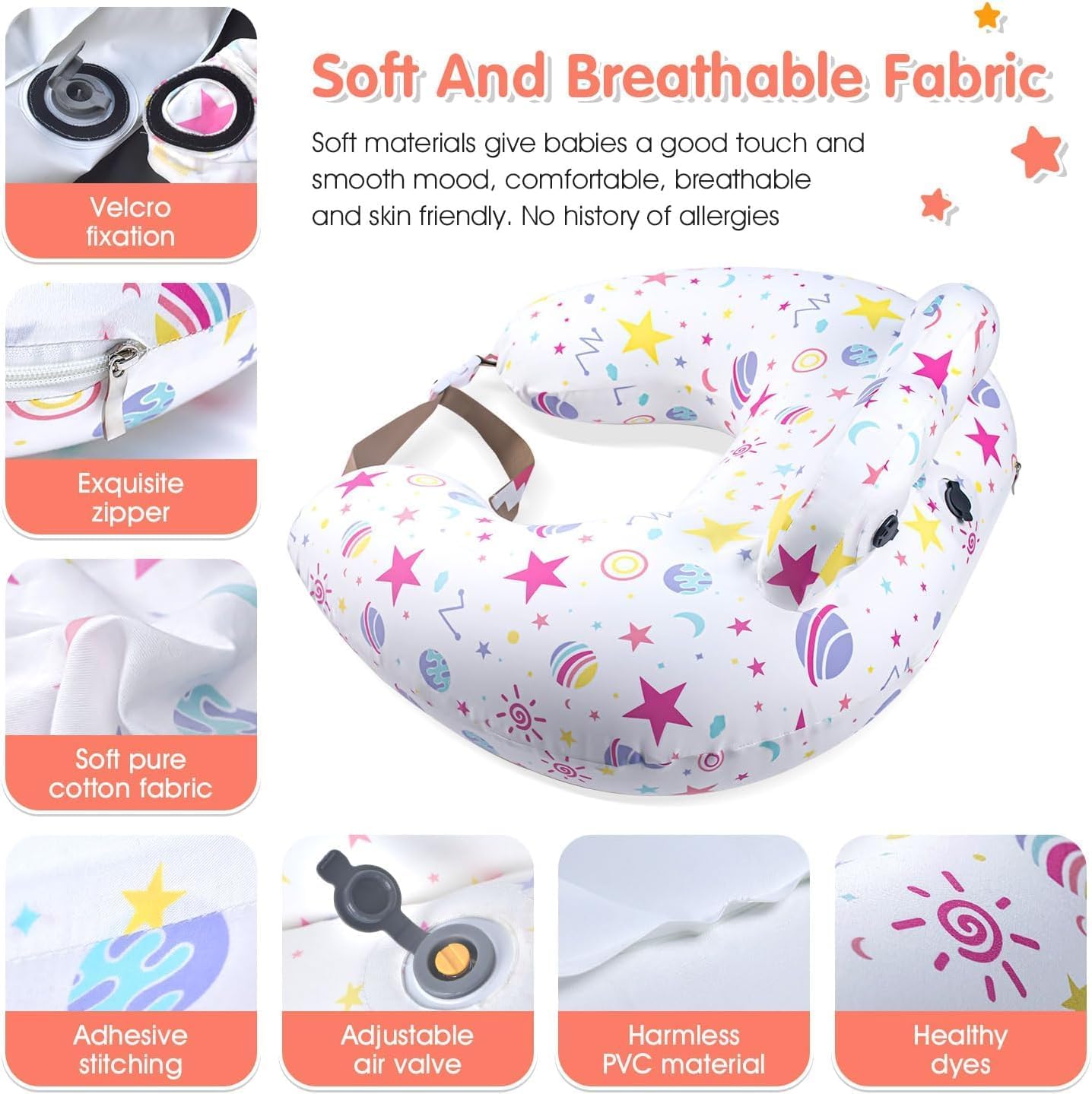 Inflatable Nursing Pillow for Breastfeeding & Bottle-Feeding – Portable Travel Feeding Cushion with Adjustable Waist Strap – Soft Cotton Cover – Odour-Free Thickened TPU Inner – Removable & Washable