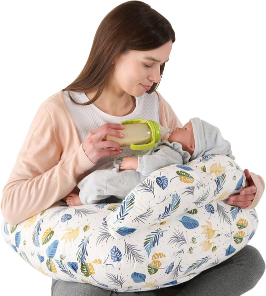 Labtec Nursing Pillow for Breastfeeding Baby, Multifunctional Breast Feeding Pillow with Adjustable Waist Strap and Safety Fence, 100% Cotton Removable Pillowcase, Leaf Pattern