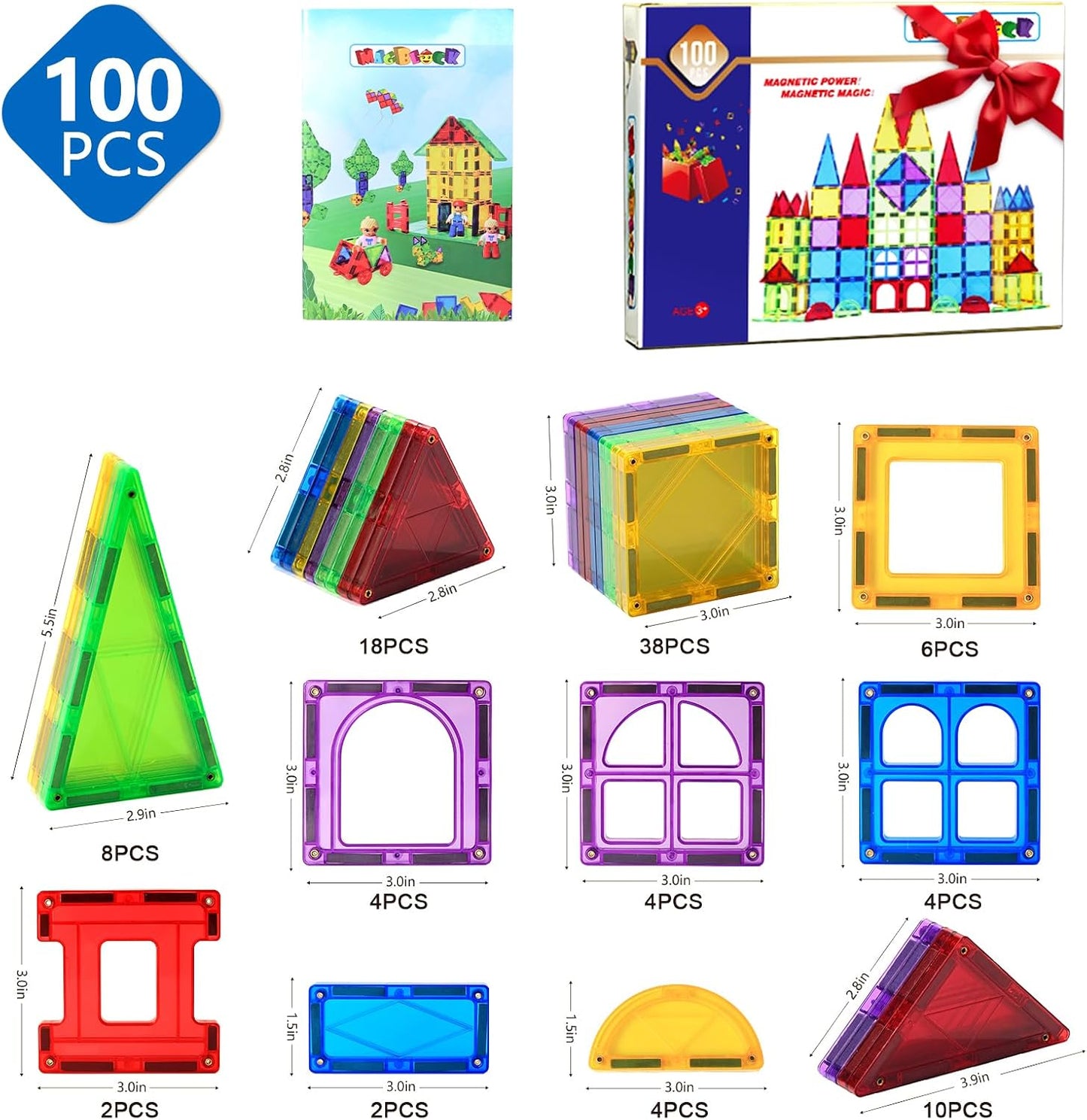 MAGBLOCK 100 Piece Magnetic Tiles,Building Blocks for Kids 3+