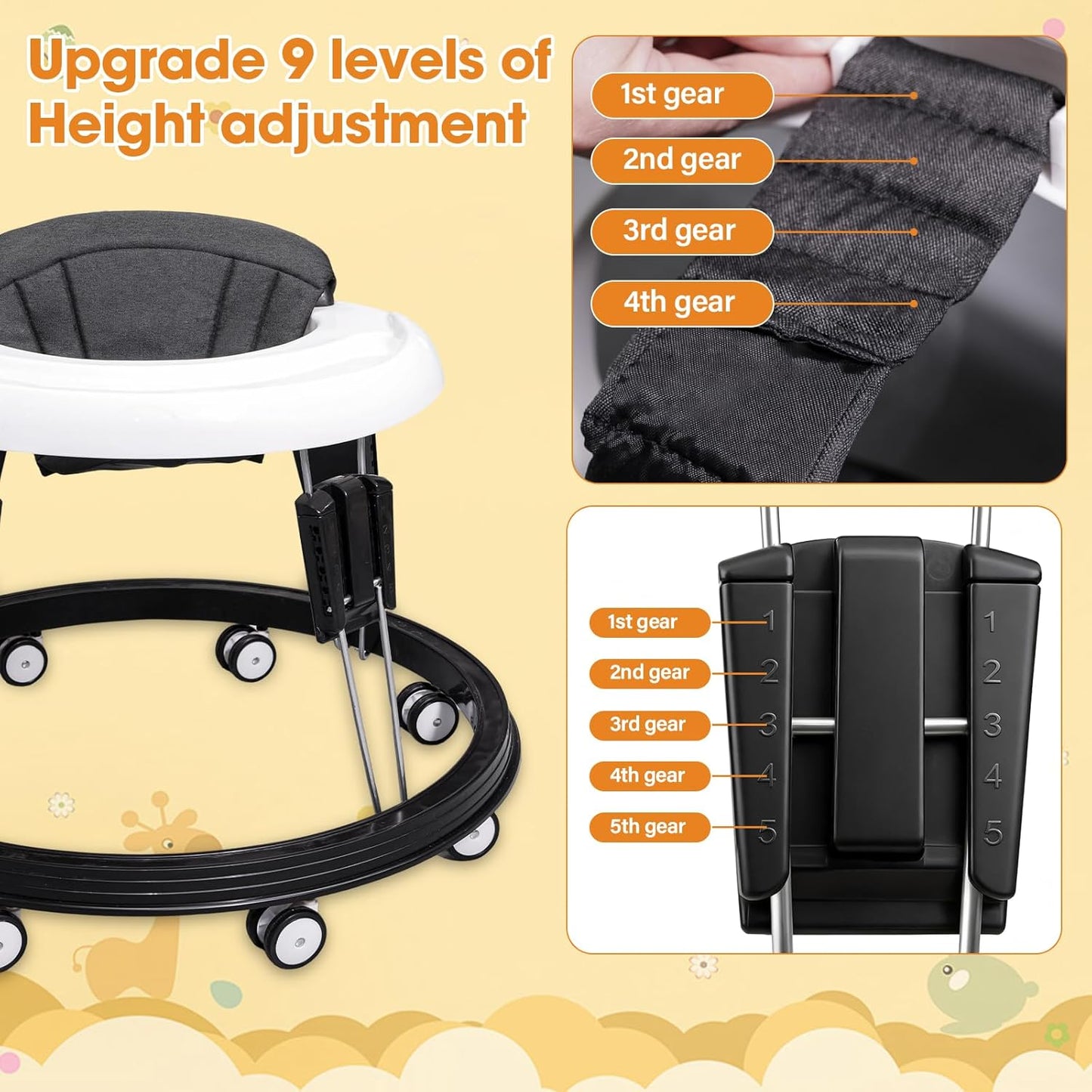 Alivio Foldable Baby Walker with 9-Level Height Adjustment