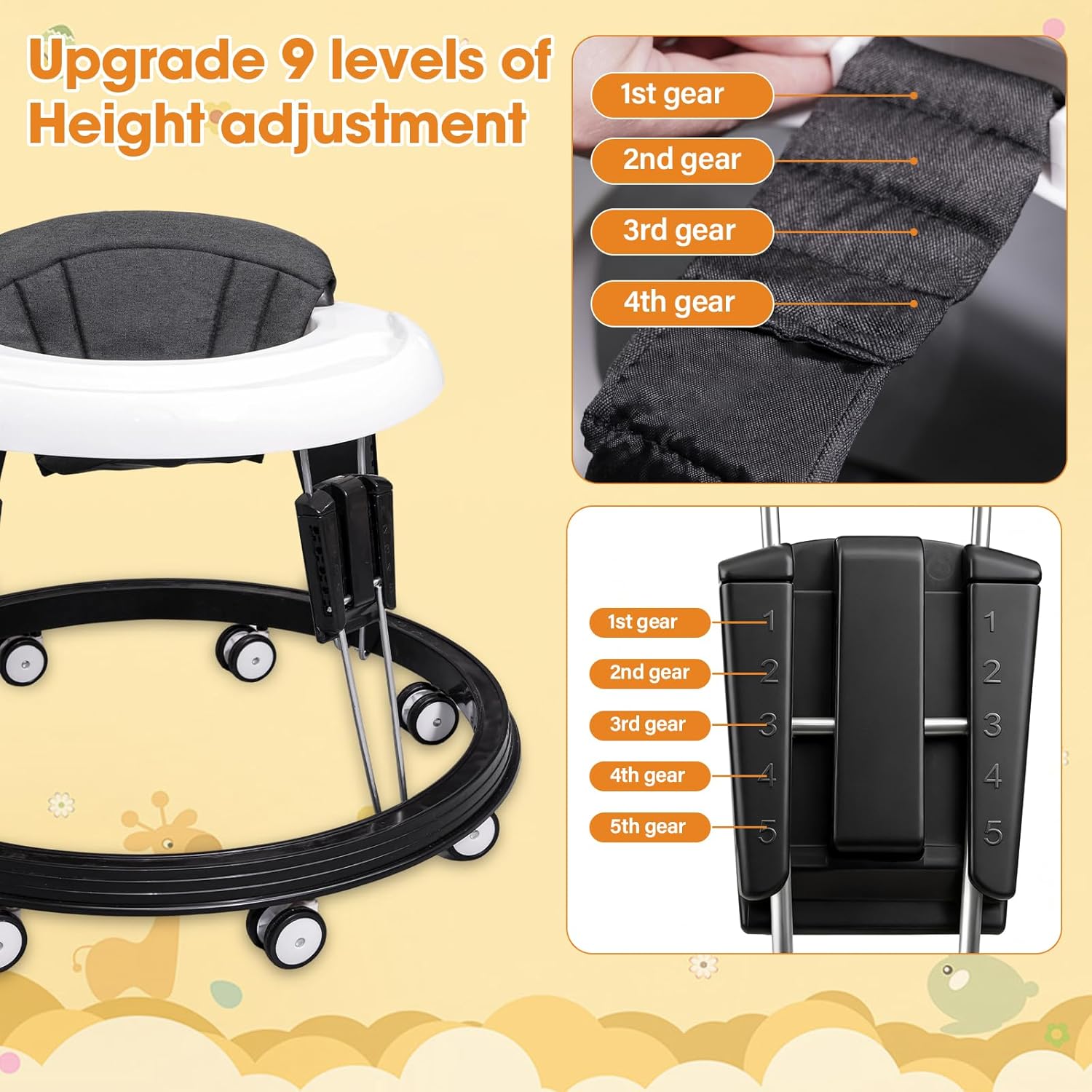 Alivio Foldable Baby Walker with 9-Level Height Adjustment, Wide Base Design, 360° Protection, Easy Folding & Storage Activity Walker for Babies 6-18 Months (Black & White)